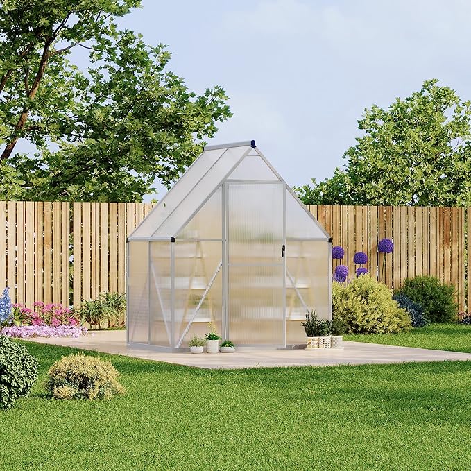 6X4 ft Polycarbonate Greenhouse with Aluminum Frame, Polycarbonate Greenhouse for Outdoors, Greenhouses with Ventilation, Aluminum Large Walk-in Greenhouses for Outside