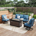 Patio Furniture Set with 56" Fire Pit Table, Premium Outdoor Wicker Metal Frame Furniture with Upgraded Waterproof Thick Cushions for Porch, Poolside, Deck, and Yard（4 Pieces,Navy