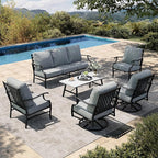 HERA'S HOUSE 6 Piece Patio Furniture Set, 2 x Swivel Chair, 2 x Fixed Chair, 1 x 3-Seat Sofa with Marbling Coffee Table, All Cushioned Outdoor Conversation Set for Lawn Garden Backyard, Grey