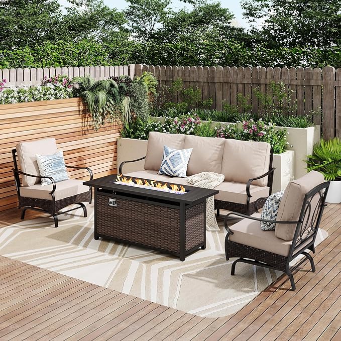 Patio Furniture Set with 56" Fire Pit Table, Premium Outdoor Wicker Metal Frame Furniture with Upgraded Waterproof Thick Cushions for Porch, Poolside, Deck, and Yard （4 Pieces,Beige）