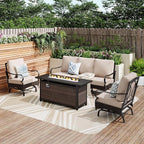 Patio Furniture Set with 56" Fire Pit Table, Premium Outdoor Wicker Metal Frame Furniture with Upgraded Waterproof Thick Cushions for Porch, Poolside, Deck, and Yard （4 Pieces,Beige）
