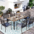 Patio Table and Chairs Set of 6, All-Weather Breathable Metal Mesh Patio Chair with Gourd-Shaped Armrests, 60x38 Wood-Like Table with Umbrella Hole, 7 Pcs Metal Frame Patio Dining Set