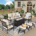 Patio Furniture Set, 6 Pcs Metal Outdoor Conversation Set, 2 Single Chairs, 2 Ottomans and 3 Seater Sofa with 5.75" Extra Thick Cushion and Gas Fire Pit Table, Beige