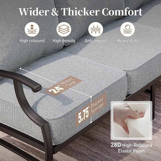 6 Piece Metal Outdoor Patio Furniture Set, Patio Conversation Sets 1 3-seater Sofa, 2 Swivel Chair, 2 Ottomans with 5.75" Thick Cushion and Coffee Table, Black Backyard Furniture, Gray