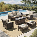 HERA’S HOUSE Wicker Patio Furniture Set, High Back Swivel Chairs with 5.5-Inch Thick Cushions, 6-Piece Outdoor Deep Seating Conversation Sets with Fire Pit Table & Ottomans for Deck Yard Garden, Beige