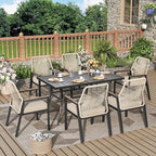 7 Pieces Outdoor Dining Set for 6, Patio Dining Set Wicker Rattan Chairs with Soft Cushion and Metal Rectangular Table, Wicker Patio Table and Chairs for Backyard Porch