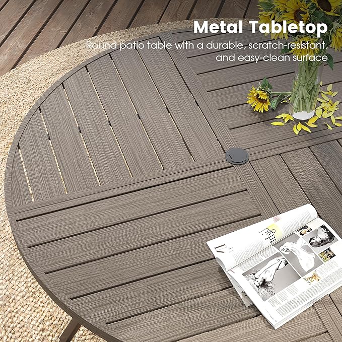 DIFY 5 Pieces Outdoor Patio Dining Set, 4 Sandshell Textilene Swivel Dining Chairs and 40.6" Grey Wood-Like Round Metal Dining Table, Outdoor Table and Chairs