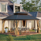 12' X 16' Hardtop Gazebo, Outdoor Galvanized Steel Double Roof Permanent Aluminum Frame Pavilion Pergola Canopy with Privacy Curtains for Garden, Patio, Backyard, Deck and Lawns.
