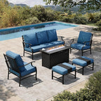HERA'S HOUSE 6 Pieces Patio Furniture Set with Fire Pit Table, 2 x Single Chair, 2 x Ottoman, 3-Seat Sofa with 45" Fire Pit Table, Outdoor Conversation Set for Garden Poolside Backyard, Pacific Blue