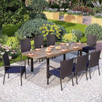 PHI VILLA 9 Piece Patio Dining Set for 8, Expandable Wood-Like Metal Dining Table & Wicker Chairs with Cushions, Large Dining Furniture for Outdoor Deck, Backyard, Porch