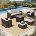 HERA'S HOUSE Wicker Patio Furniture Set, Outdoor Furniture with Fire Pit Table, 6 Pieces Patio Conversation Set with Ottomans, Outside Sofa Sets for Poolside Backyard, Beige