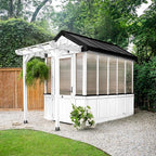 Backyard Discovery Bellerose 9' x 6' White Cedar Wood and Polycarbonate Walk-in Greenhouse Kit with Pergola, Exhaust Fan, Window, Hose Hook-Ups, PowerPort, Staging Shelves for Outdoor Gardening
