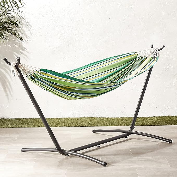 Amazon Basics Double Hammock with 9-Foot Space Saving Steel Stand and Carrying Case, 450 lb Capacity, Vigor Green, 110x47x43 inches