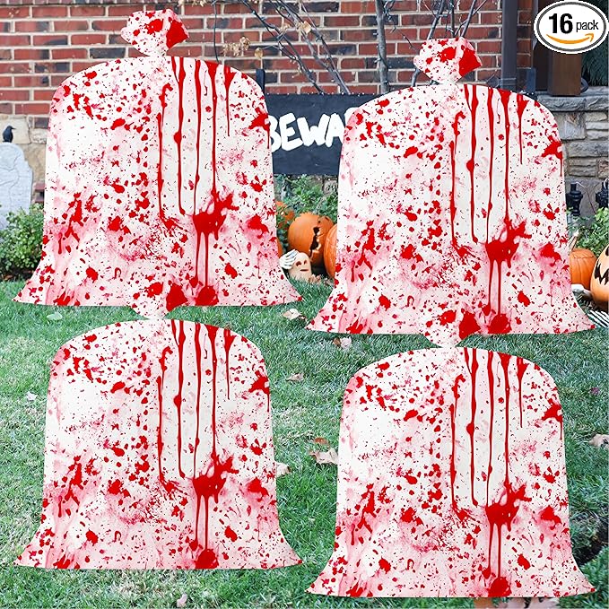CNhoqc Halloween Lawn Leaf Bags - 16Pcs Halloween Bloody-Themed Thick Plastic Garbage Bags with Twist Ties, Fall Yard Leaf Trash Equiement, Reusable Plastic for Garden Outdoor Decorations Party Favor