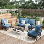 PHI VILLA Outdoor Modern Patio Furniture Set, Upgraded Wicker&Metal Patio Furniture Conversation Set with Waterproof Thick Cushions for Porch, Poolside, Deck, and Yard (4 Pieces,Navy)