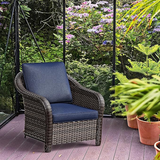 Patio PE Rattan Chairs Set of 2 with Cat Nest End Table, All-Weather & Steel Frame Outdoor Conversation Furniture Set with Washable Cushions for Garden, Bistro, Deck, Yard (Navy Blue)