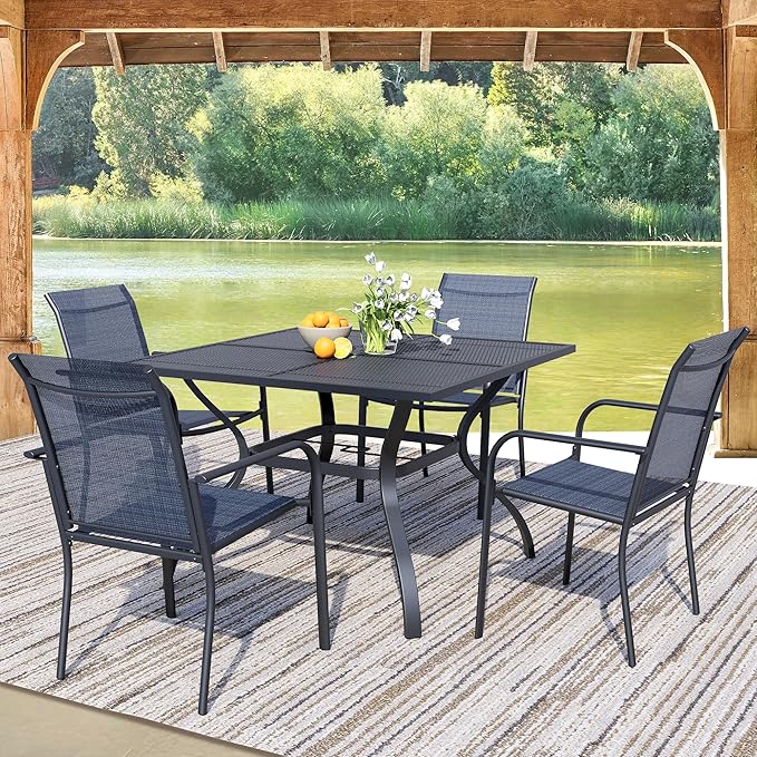 5 Pieces Sqaure Dining Table Set for 4, Patio Dining Set Includes 4 Dark Blue Stackable Patio Chairs and 1 Black Mesh Square Table, Patio Furniture Sets with Sling Support for Outside, Garden