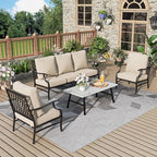 Patio Furniture Set 4 pcs, Metal Outdoor Patio Furniture, 3-Seat Sofa, 2 Single Chairs, Metal Coffee Table and 5.75" Extra Thick Cushion, Patio Conversation Set,Beige