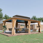 14' X 20' Hardtop Gazebo, Aluminum Wood-Looking Frame Outdoor Permanent Galvanized Steel Double Roof Pavilion Pergola Canopy with Privacy Curtains for Garden, Patio, Backyard, Deck and Lawns.