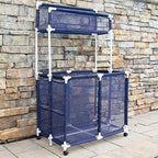 Essentially Yours Pool Storage Equipment Organizer Holder - Noodles, Toys, Balls, Floats Mesh Rolling Double Decker Bin, Large with Noodle Holder, (35.3" W x 23" L x 59.4" H), Blue/White Style 561935
