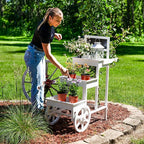 Sunnydaze 3-Tiered Flower Cart Display Stand with Wheels - Flower Display Stand or Planter - Wooden Cart with Chalkboard - White