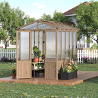 6x8FT Wooden Greenhouse with Cedar Frame, Outdoor Wood Greenhouses with Roof Vent, Wood and Polycarbonate Walk-in Greenhouse