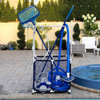 Essentially Yours Pool Equipment Holder with Towel Drying Bars, Mesh Rolling Pool Storage Organizer Bin, Extra Large with Towel Hanger, (34.5" W x 25" L x 62.6" H), Blue/White Style 418566