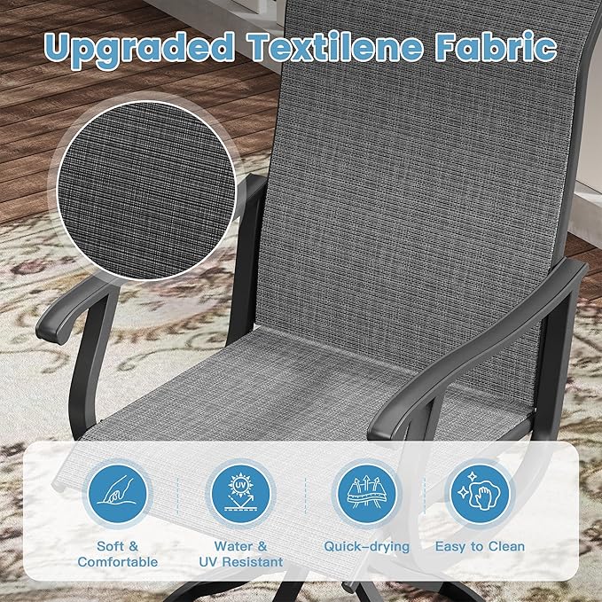 DIFY 3 Pieces Outdoor Patio Bistro Dining Set, 2 Dark Grey Textilene Swivel Dining Chairs and 27.6" Black Small Round Dining Table, Outdoor Table and Chairs