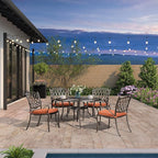 PURPLE LEAF Patio Dining Set Cast Aluminum 5-Piece Patio Furniture Set with 4 Dining Armchairs and 47" Round Table, 4 Cushions Included, for Lawn Yard Garden, Rhombic Brick Red Outdoor Dining Set