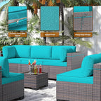 Outdoor Patio Furniture Set, 14 Pieces Outdoor Furniture All Weather Patio Sectional Sofa PE Wicker Modular Conversation Sets with Coffee Table,12 Chairs & Seat Clips(Turquoise Blue)