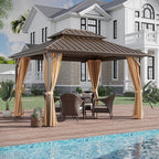 10x12 ft Hardtop Gazebo Outdoor Aluminum Patio Gazebo Double Roof Galvanized Steel Canopy with Netting and Curtains for Garden, Backyard, Deck and Lawns.