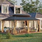 12' X 20' Hardtop Gazebo, Outdoor Galvanized Steel Double Roof Permanent Aluminum Frame Pavilion Pergola Canopy with Privacy Curtains for Garden, Patio, Backyard, Deck and Lawns.