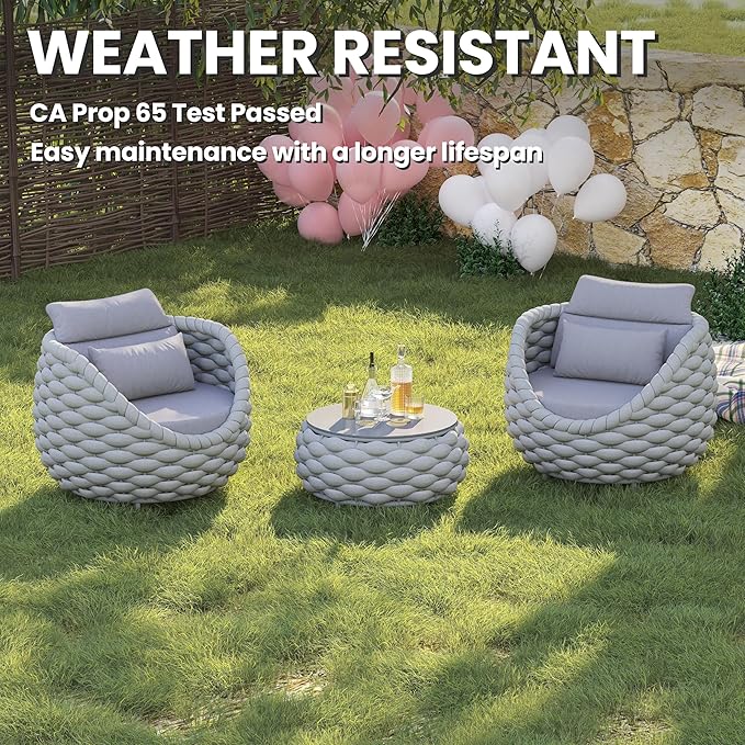 Patio Accent Chairs Set of 4: Aluminum Porch Lounge Chair with Arms - Woven Rope Cushioned Armchair - Modern One Seater Chair - Outdoor Deck Furniture for 400lbs Balcony Lanai Garden Hotel, Gray