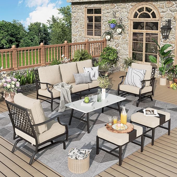 Patio Furniture Set 6 pcs, Outdoor Patio Furniture, 3-Seat Sofa, 2 Rocking Chairs, 2 Ottomans, Coffee Table and 5.75" Extra Thick Cushion, Patio Conversation Set for Backyard Deck,Beige