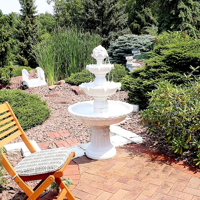 Sunnydaze 52-Inch 3-Tier Outdoor Water Fountain with Fruit Top - Large Outdoor Water Feature for Garden, Patio, Yard or Balcony - White