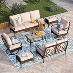 PHI VILLA Extra Large Outdoor Modern Patio Furniture Set, Upgraded Wicker&Metal Patio Furniture Conversation Set with Waterproof Thick Cushions for Porch, Poolside, Deck, and Yard(7 Pieces,Beige)