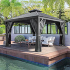HAPPATIO 12' x 12' Hardtop Aluminum Gazebo with Galvanized Steel, Double Roof Permanent Patio Metal Canopy with Netting and Curtains for Garden, Lawns, Parties (Grey)