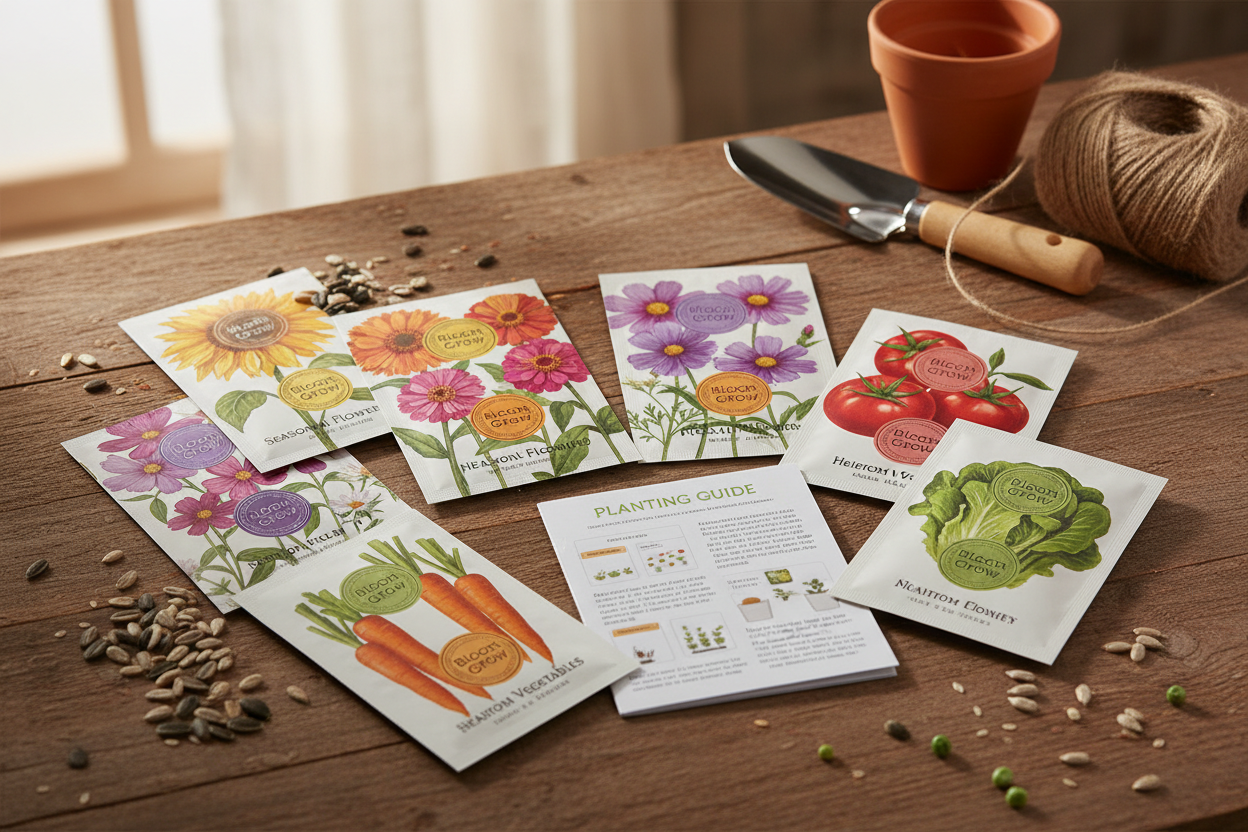 Bloom & Grow Seed Collection
A curated assortment of seasonal flower and vegetable seeds. Includes detailed planting instructions to help even beginner gardeners achieve a thriving garden. Bring color, flavor, and life to your outdoor space. (make it real photo)