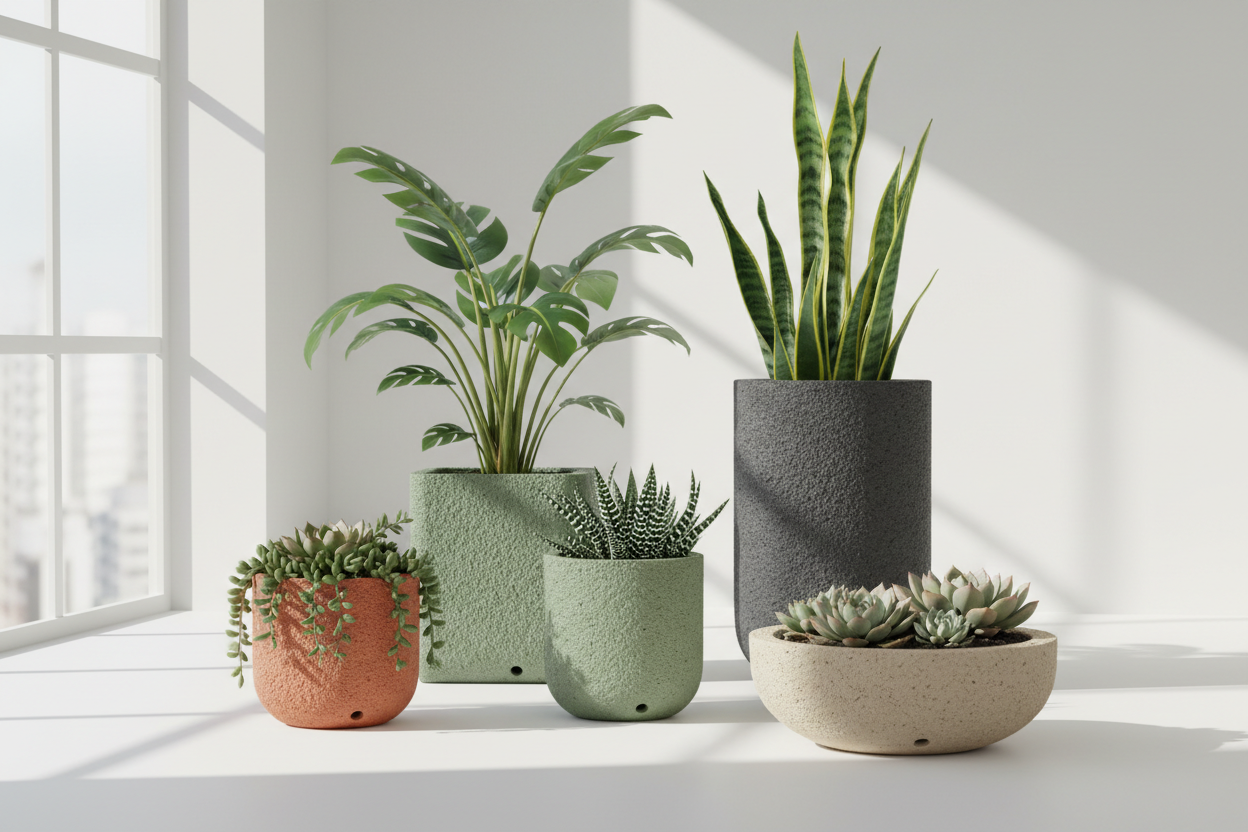 EcoBloom Planters
Stylish, sustainable planters made from recycled materials. Available in multiple sizes and colors to fit any indoor or outdoor space. These planters provide proper drainage and aeration, ensuring your plants thrive. (make it real photo)