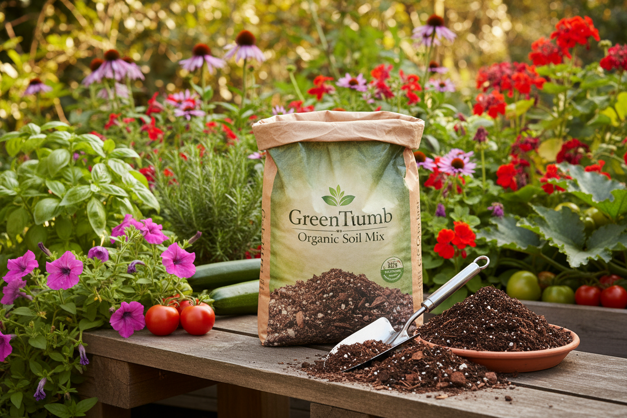 GreenThumb Organic Soil Mix
Premium, nutrient-rich soil mix ideal for flowers, herbs, and vegetables. Packed with organic compost and natural fertilizers, it promotes strong root growth and vibrant plants, giving your garden the best foundation. (make it real photo)
