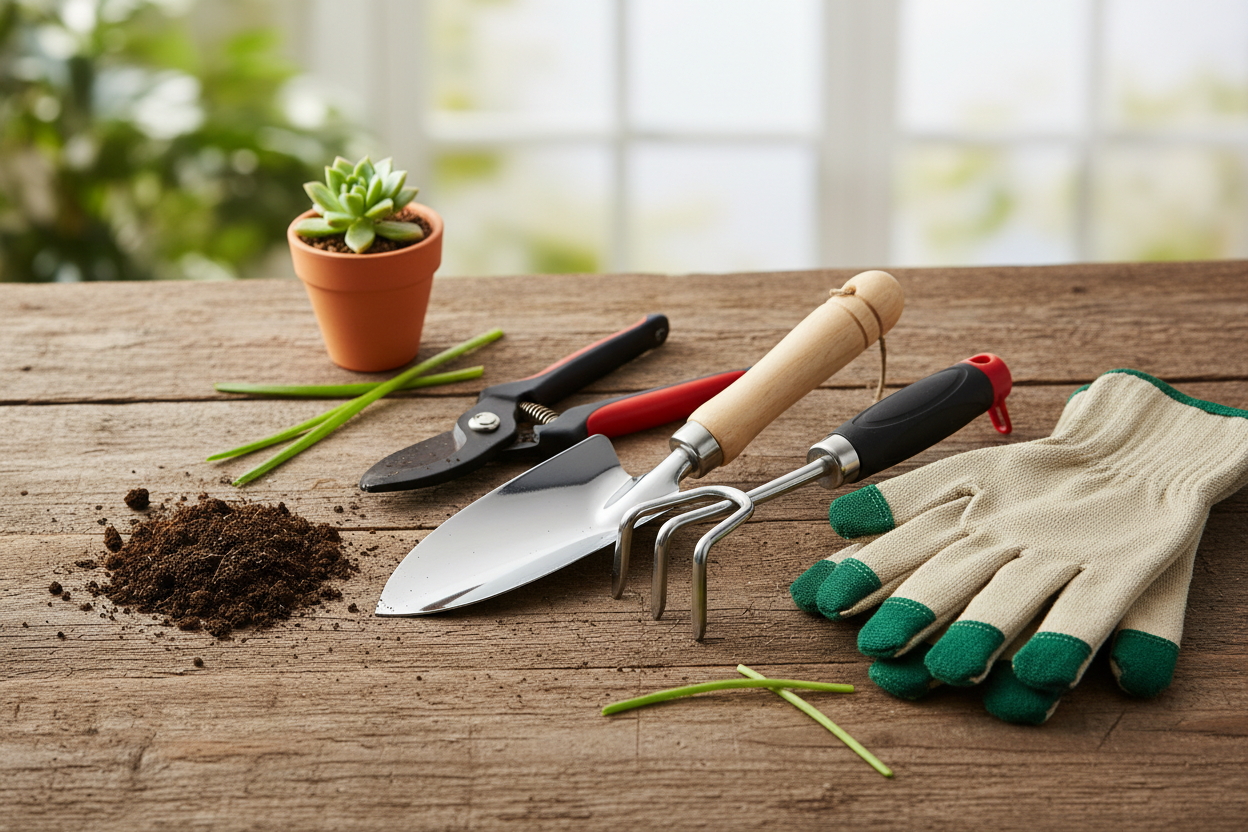 WhisperGrow Gardening Tool Set
A complete set of essential gardening tools including trowel, pruners, hand rake, and gloves. Designed for durability and comfort, this kit makes planting, pruning, and maintaining your garden effortless. Perfect for beginners and seasoned gardeners alike. (make it real photo)